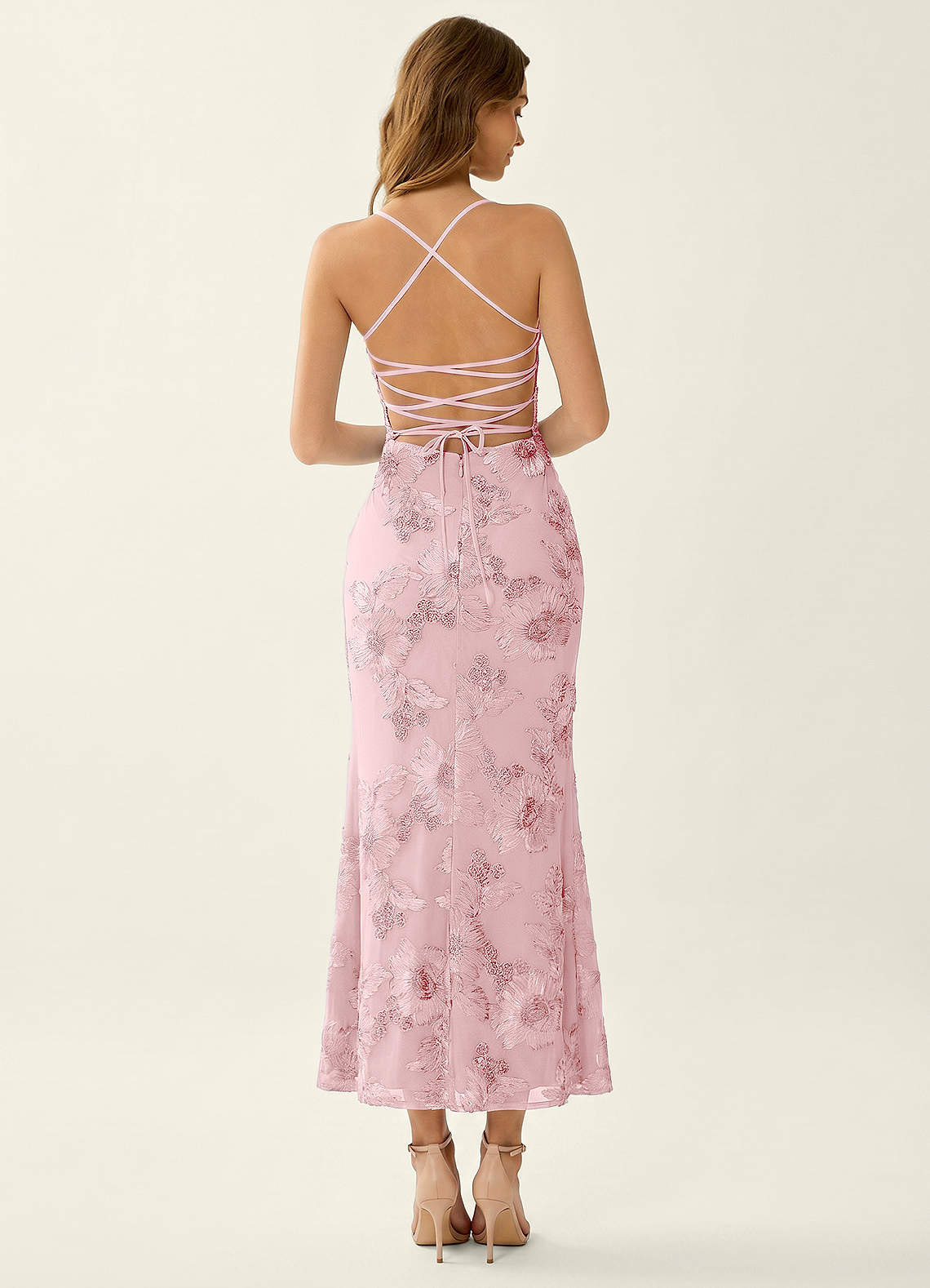 Octavenlly Mermaid Midi Floral Mesh Wedding Guest Dress in Pink