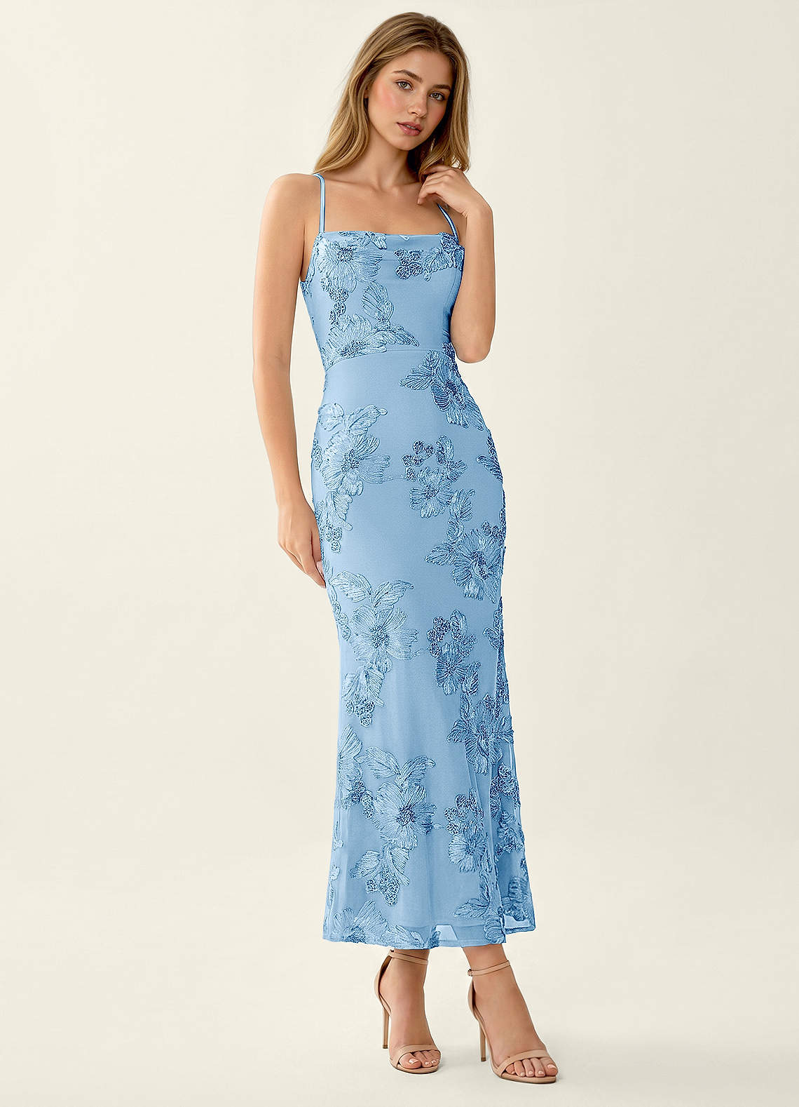 Octavenlly Mermaid Midi Floral Mesh Wedding Guest Dress in Sky Blue
