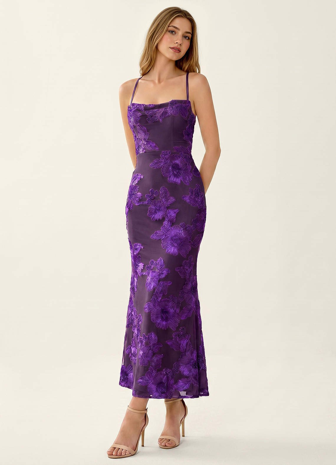 Octavenlly Mermaid Midi Floral Mesh Wedding Guest Dress in Plum