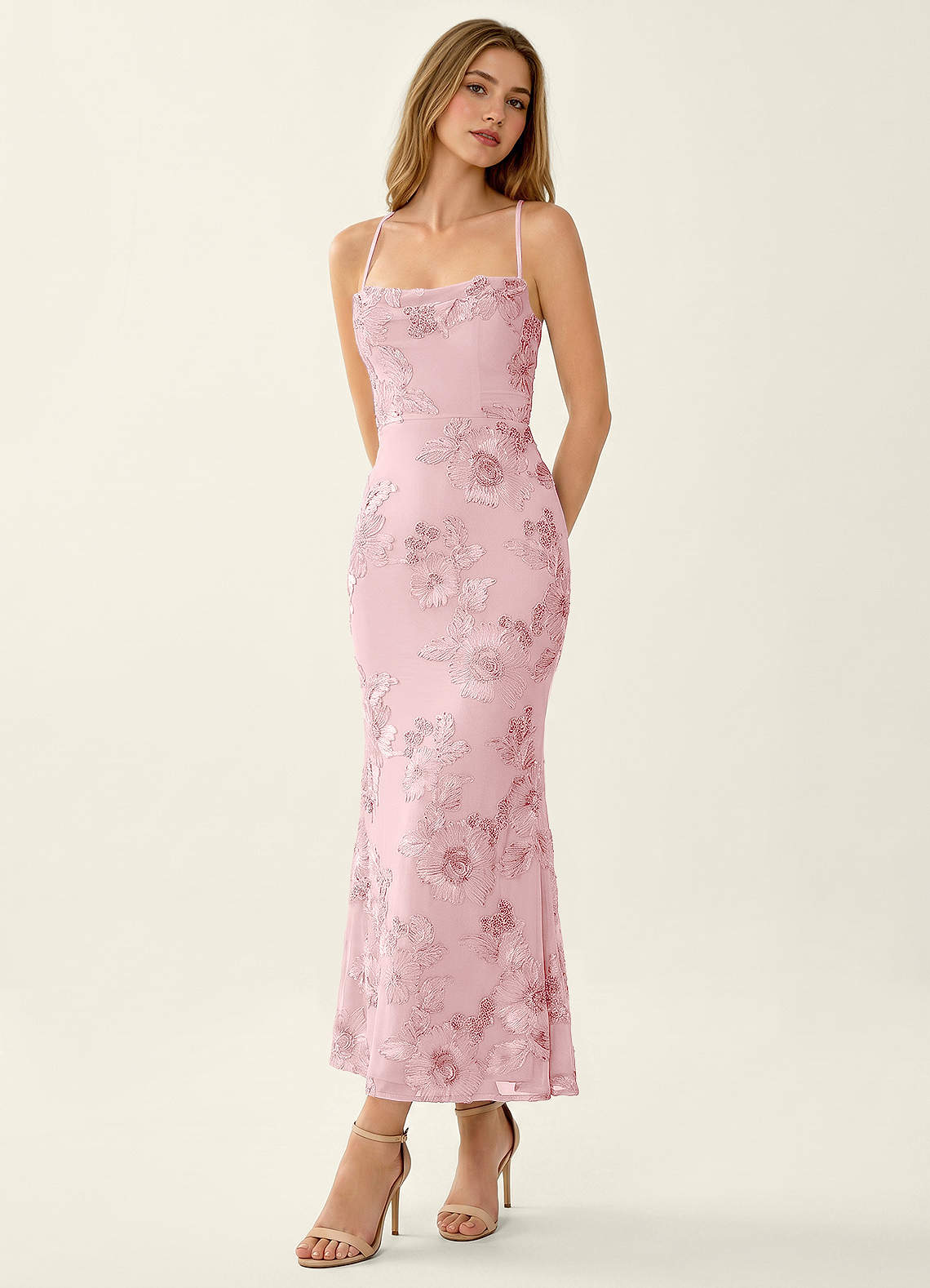 Octavenlly Mermaid Midi Floral Mesh Wedding Guest Dress in Pink
