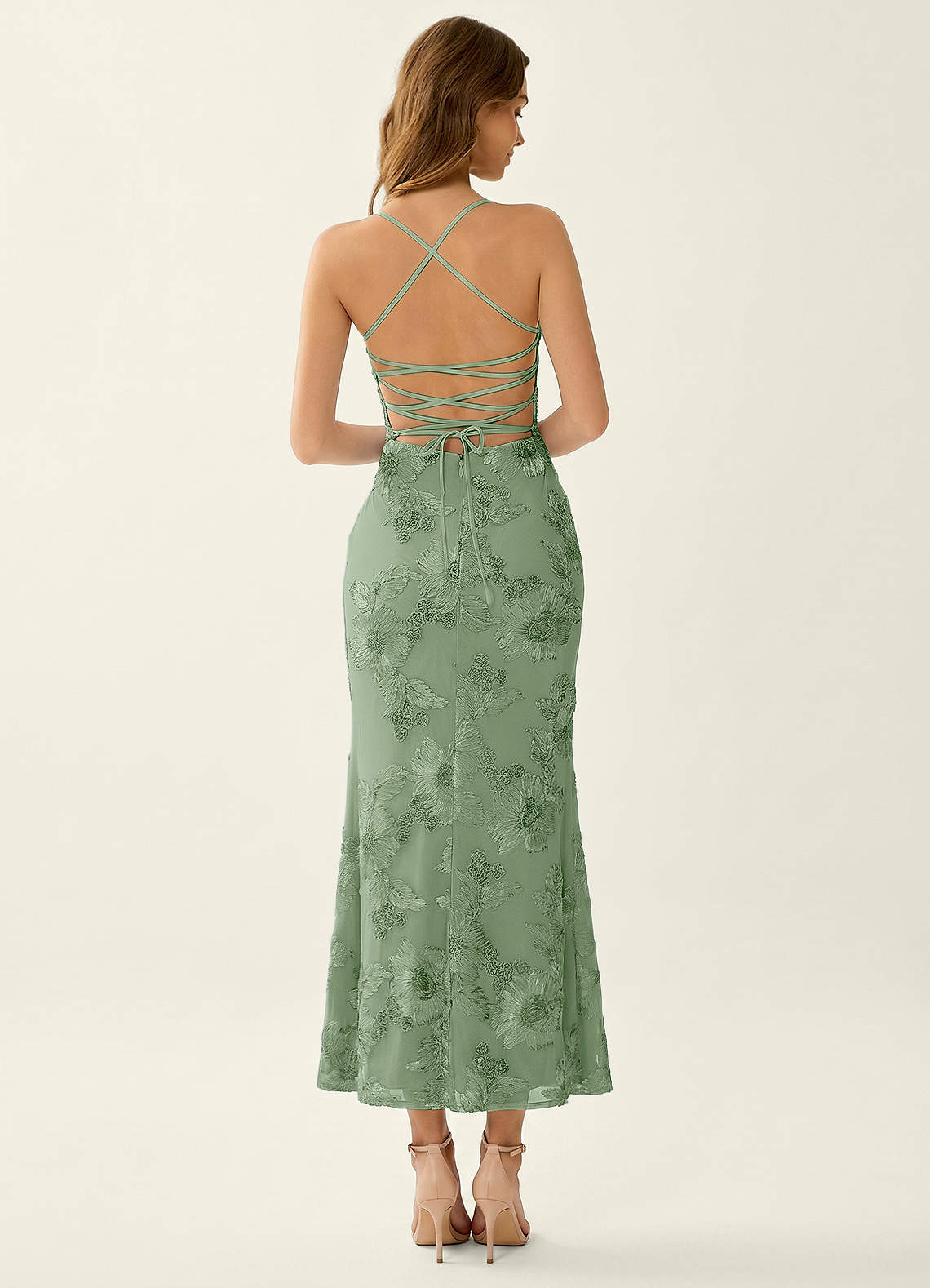 Octavenlly Mermaid Midi Floral Mesh Wedding Guest Dress in Sage