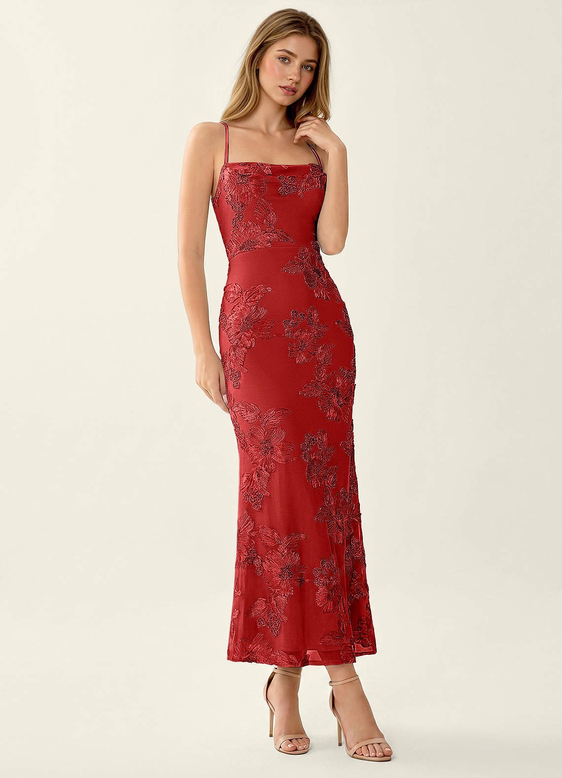 Octavenlly Mermaid Midi Floral Mesh Wedding Guest Dress in Red