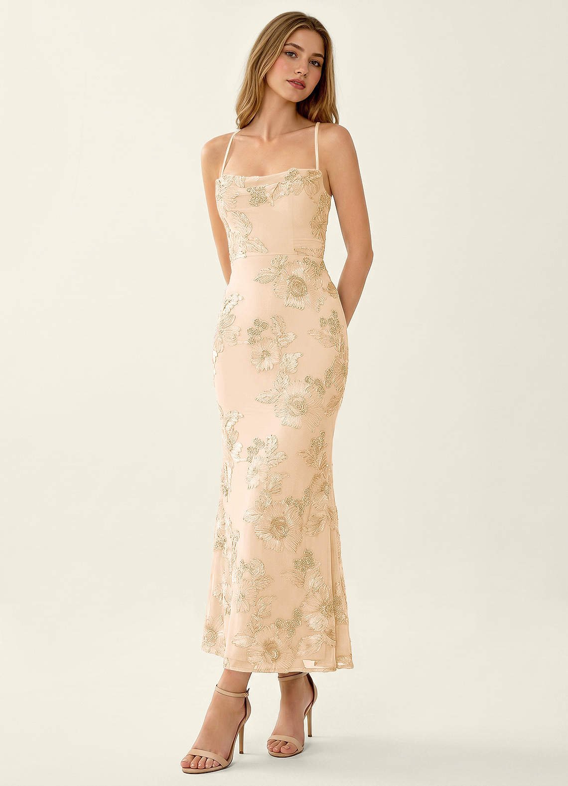 Octavenlly Mermaid Midi Floral Mesh Wedding Guest Dress in Yellow