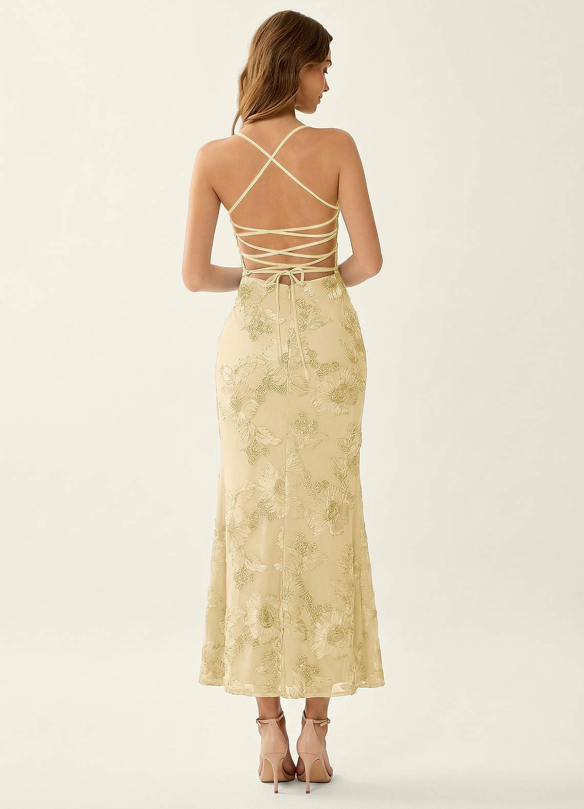 Octavenlly Mermaid Midi Floral Mesh Wedding Guest Dress in Lemon Sorbet