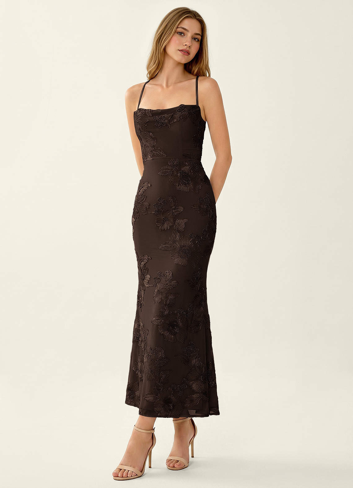 Octavenlly Mermaid Midi Floral Mesh Wedding Guest Dress in Coco