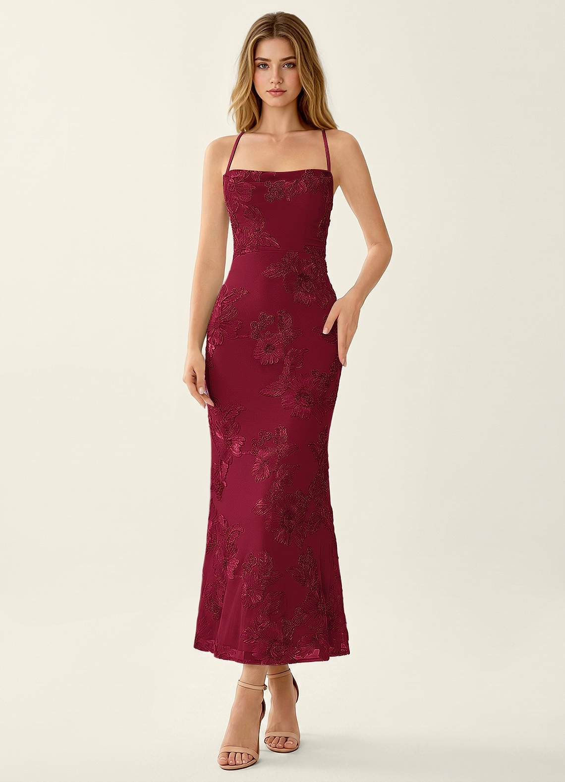 Octavenlly Mermaid Midi Floral Mesh Wedding Guest Dress in Yellow