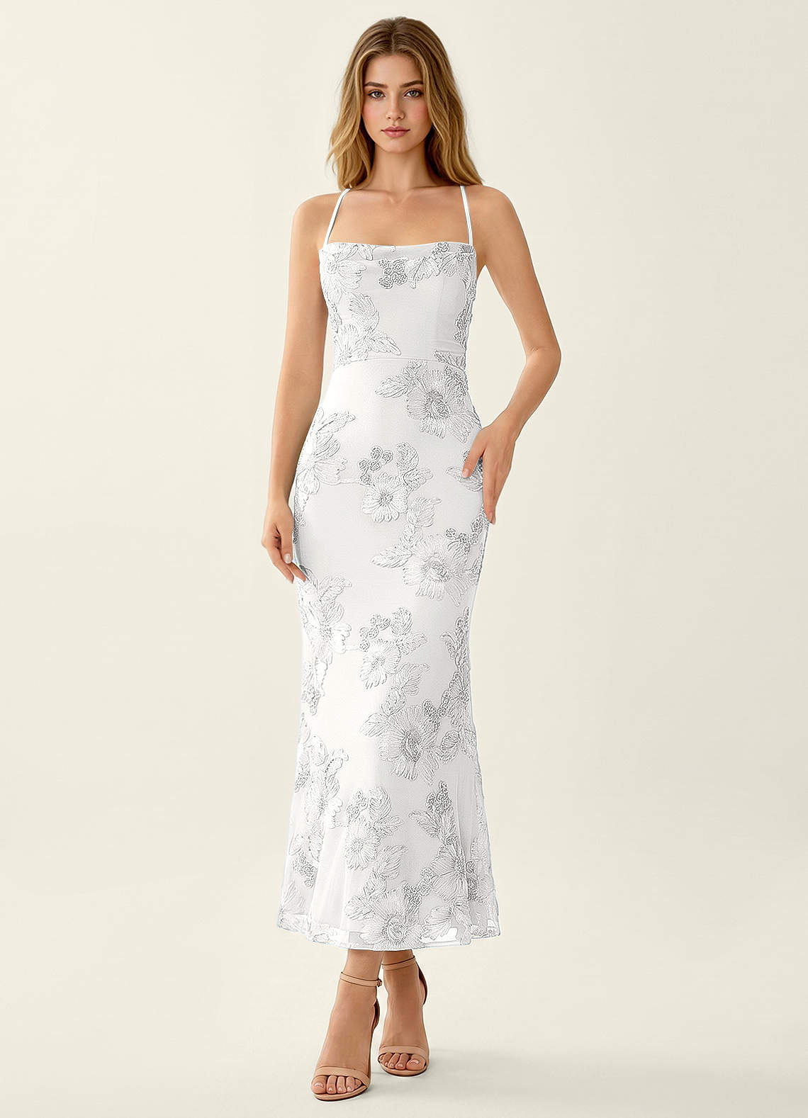 Octavenlly Mermaid Midi Floral Mesh Wedding Guest Dress in Yellow