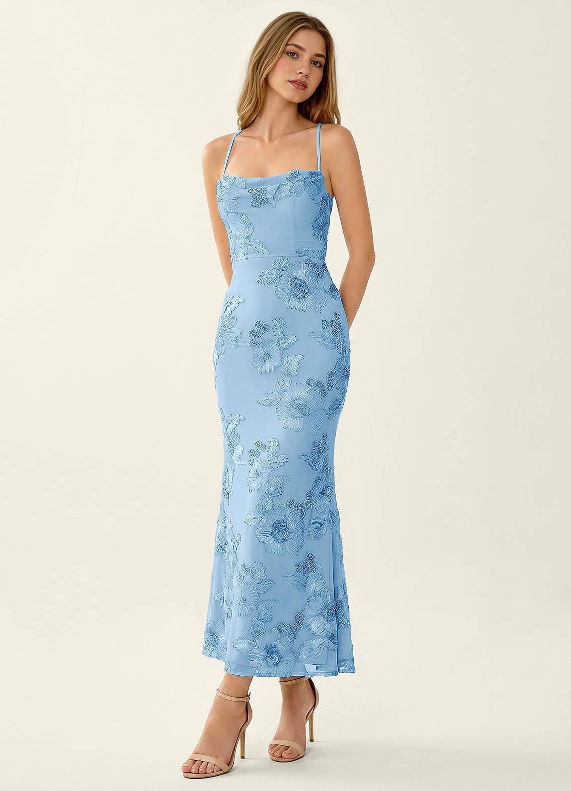 Octavenlly Mermaid Midi Floral Mesh Wedding Guest Dress in Sky Blue