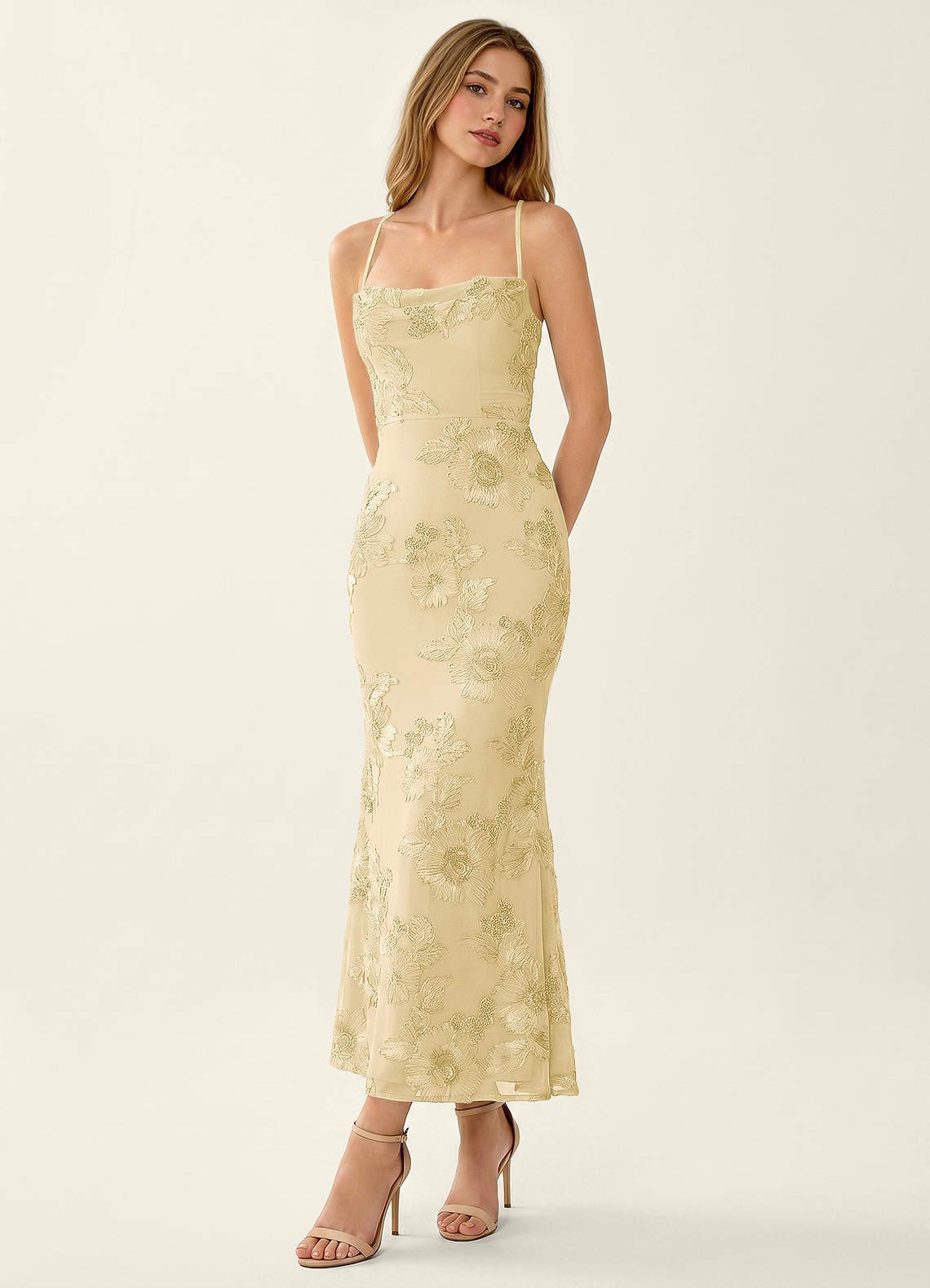 Octavenlly Mermaid Midi Floral Mesh Wedding Guest Dress in Lemon Sorbet