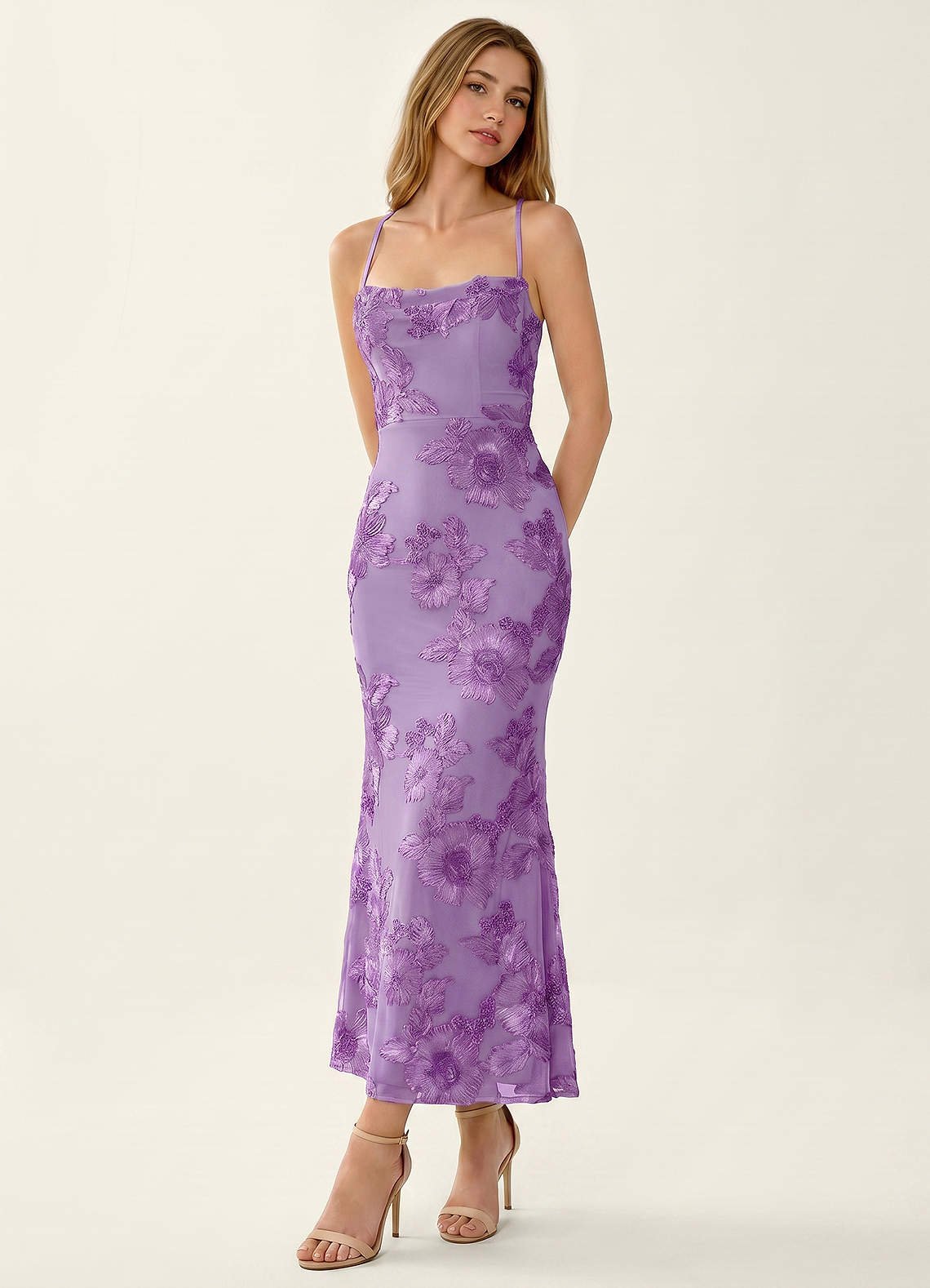 Octavenlly Mermaid Midi Floral Mesh Wedding Guest Dress in Yellow