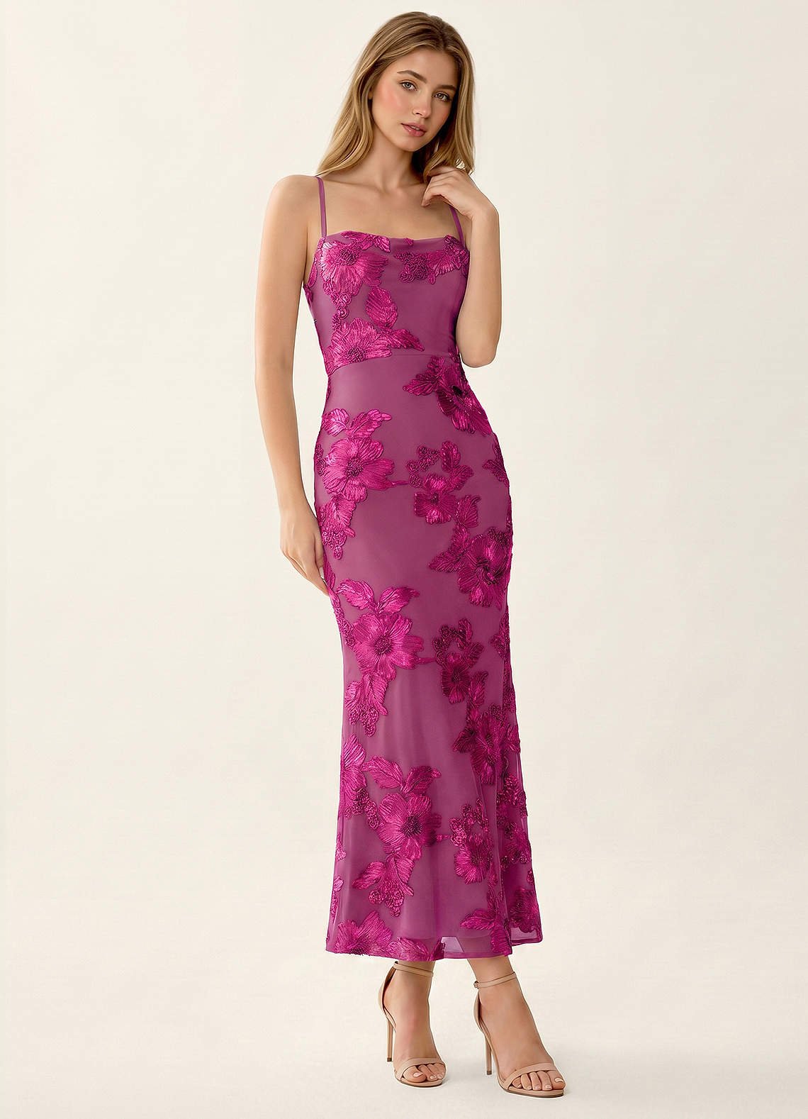 Octavenlly Mermaid Midi Floral Mesh Wedding Guest Dress in Fuchsia