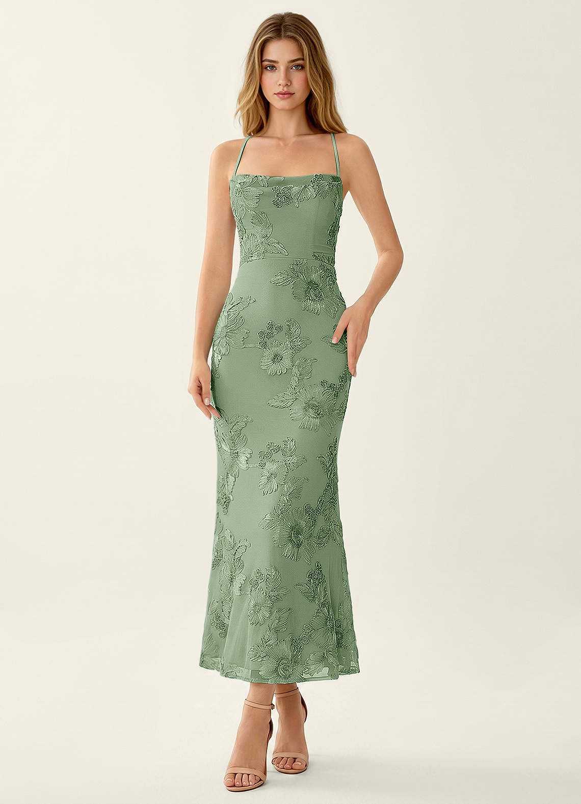 Octavenlly Mermaid Midi Floral Mesh Wedding Guest Dress in Yellow