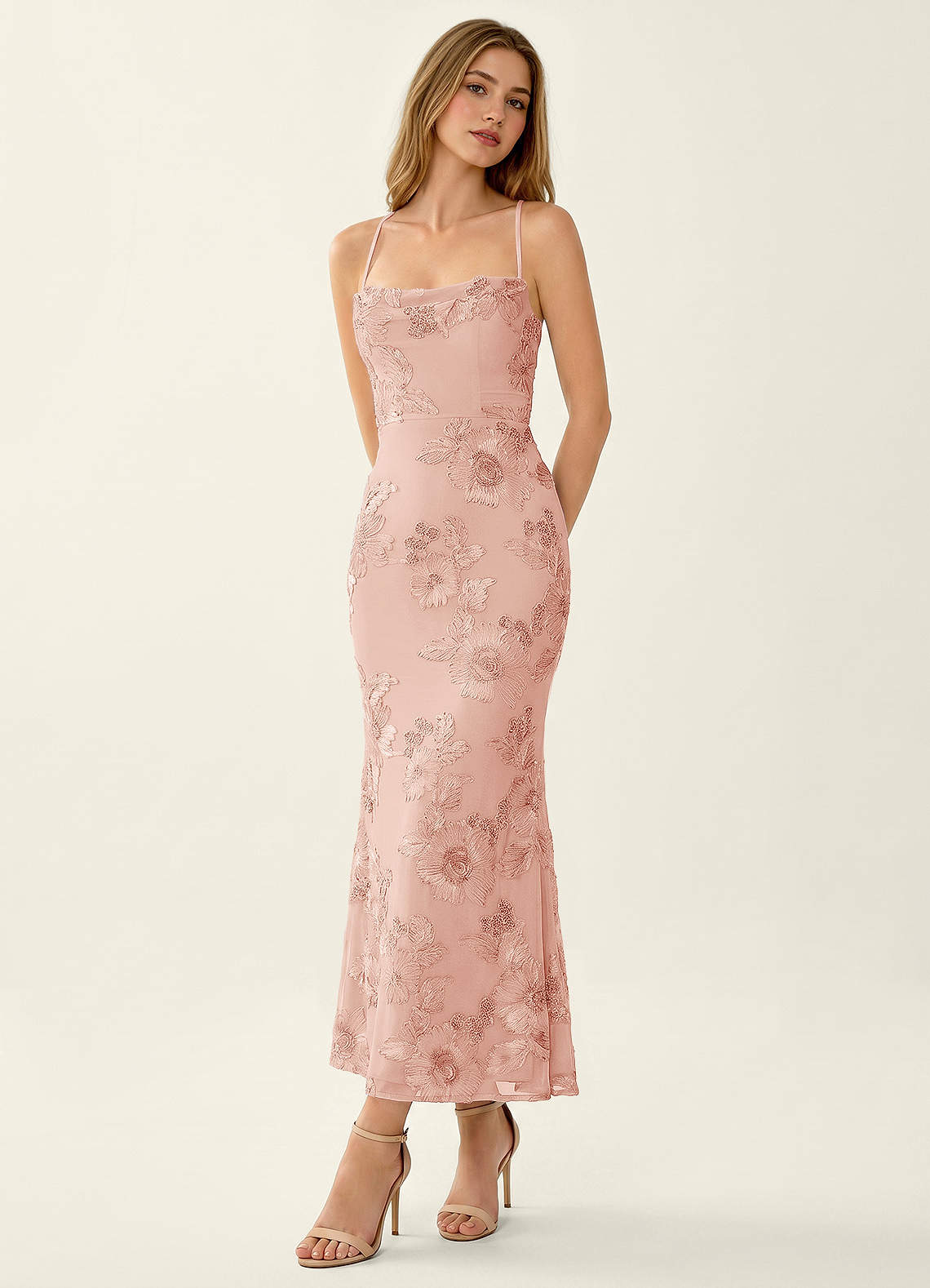 Octavenlly Mermaid Midi Floral Mesh Wedding Guest Dress in English Rose