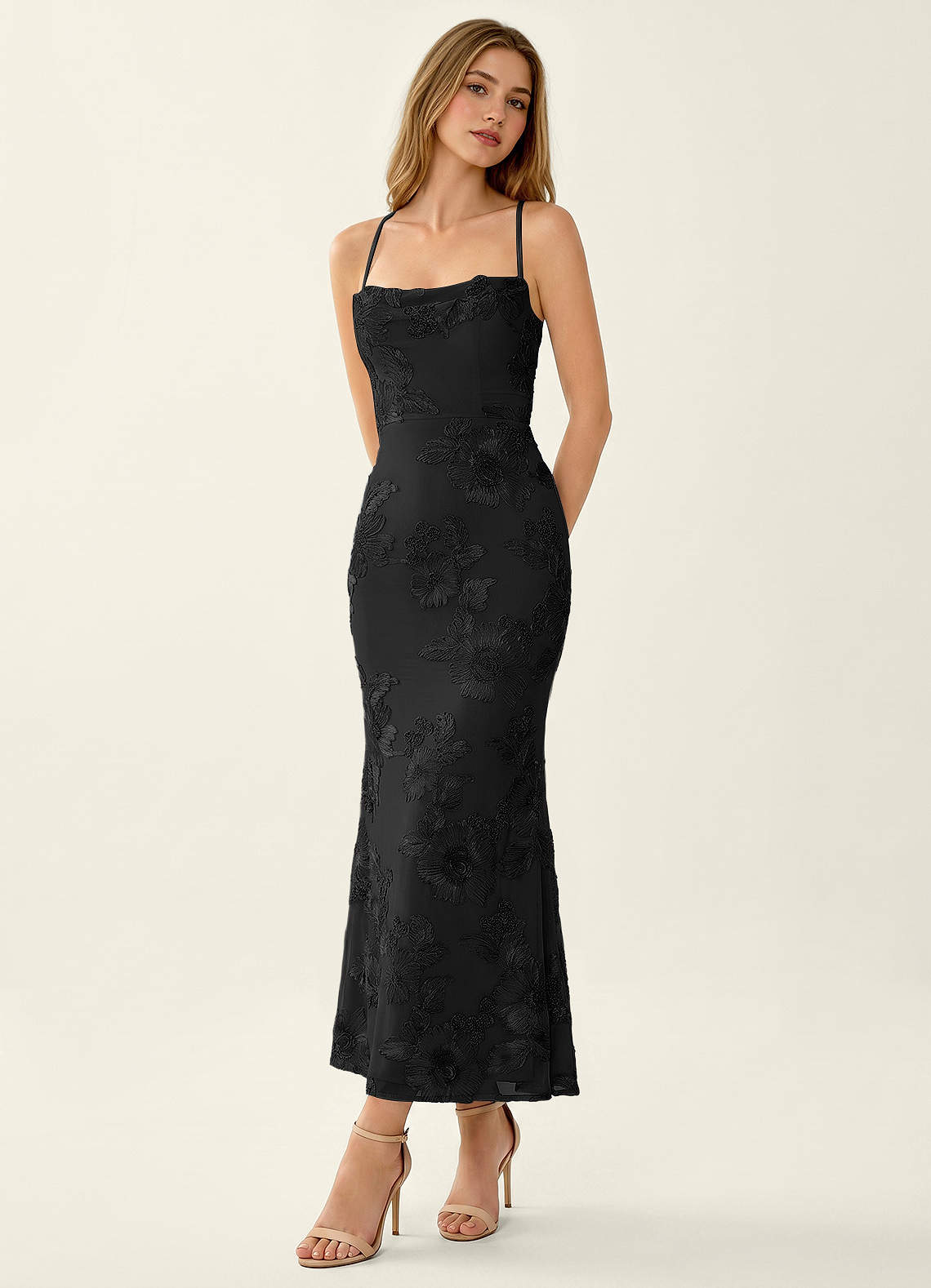 Octavenlly Mermaid Midi Floral Mesh Wedding Guest Dress in black