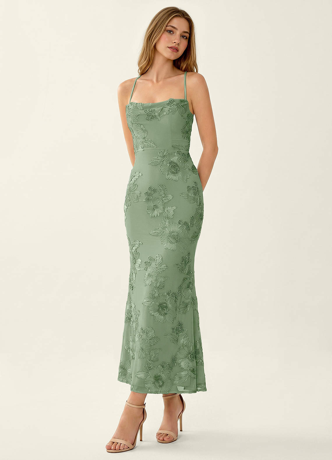 Octavenlly Mermaid Midi Floral Mesh Wedding Guest Dress in Sage