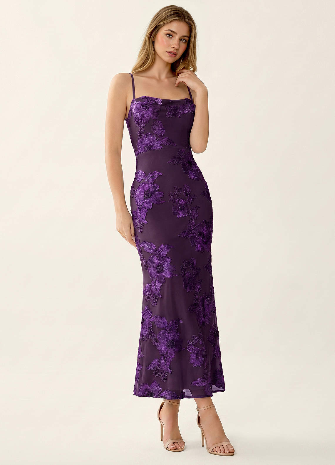 Octavenlly Mermaid Midi Floral Mesh Wedding Guest Dress in Plum