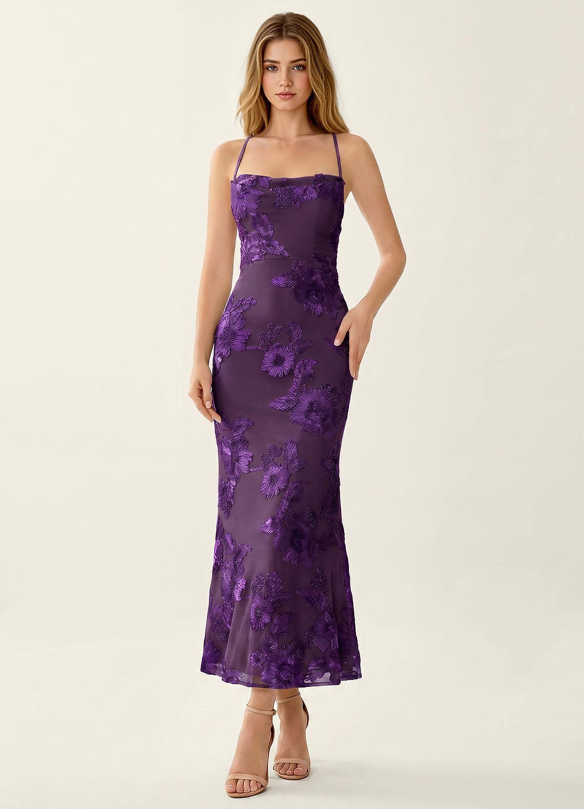 Octavenlly Mermaid Midi Floral Mesh Wedding Guest Dress in Yellow
