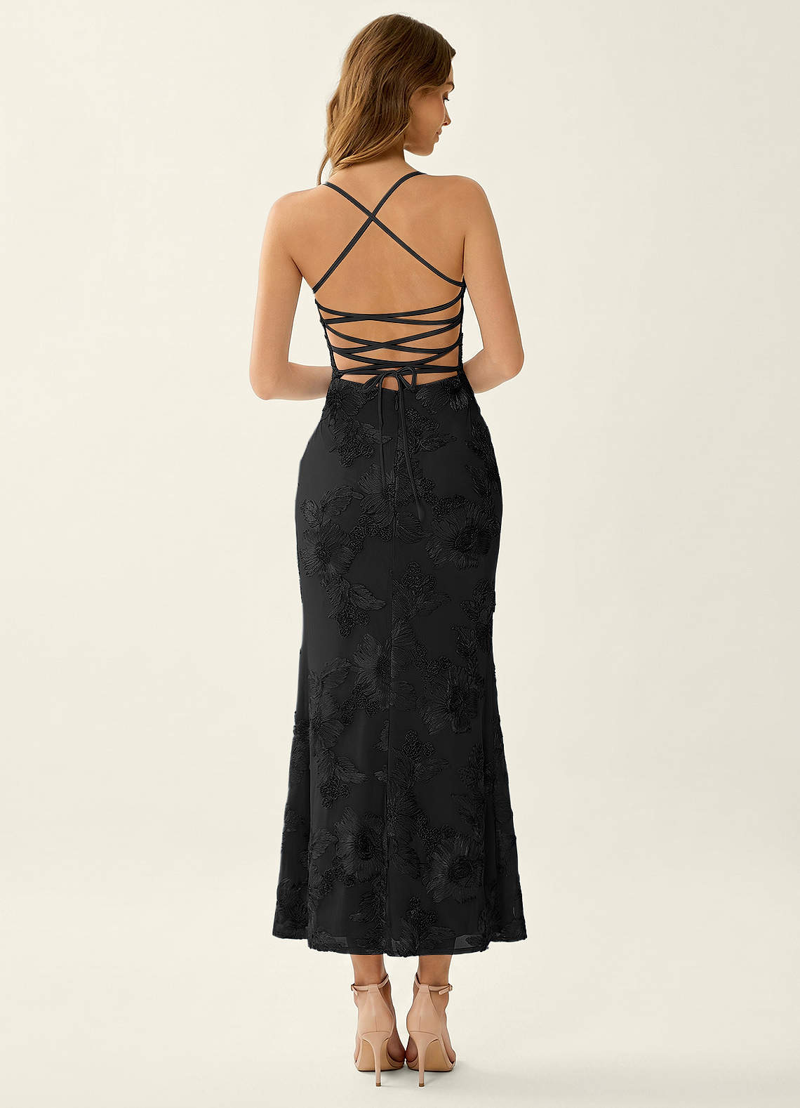 Octavenlly Mermaid Midi Floral Mesh Wedding Guest Dress in black