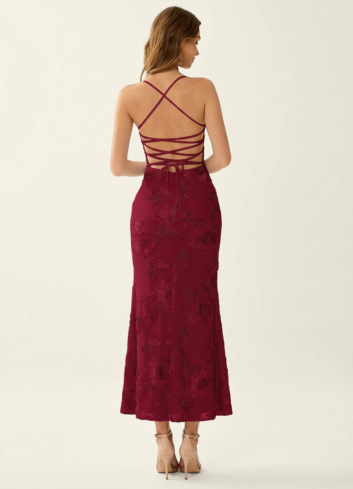 Octavenlly Mermaid Midi Floral Mesh Wedding Guest Dress in Burgundy