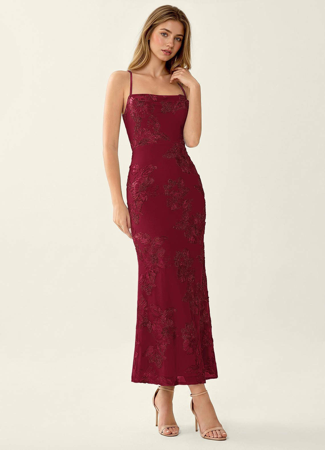 Octavenlly Mermaid Midi Floral Mesh Wedding Guest Dress in Burgundy