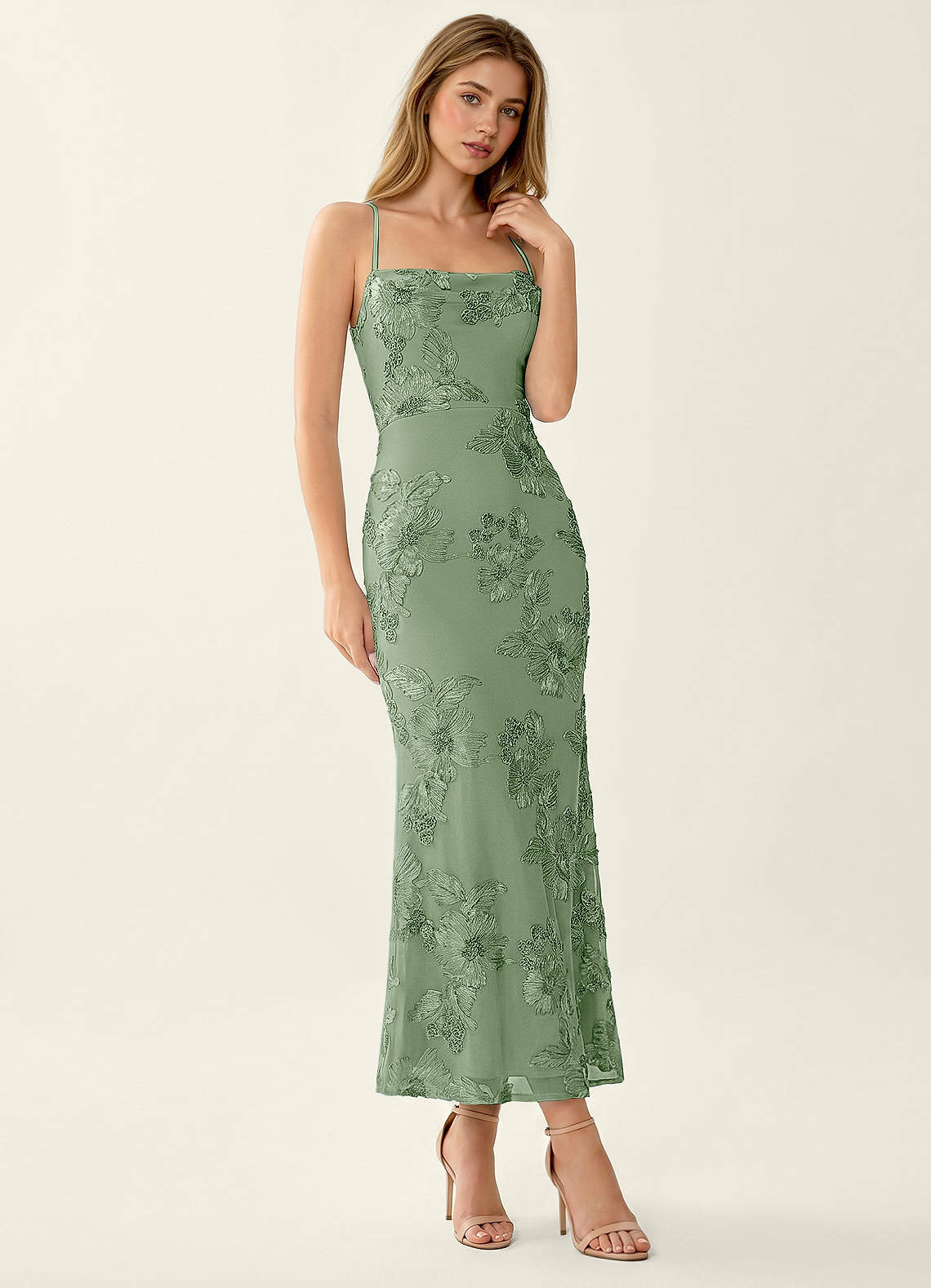 Octavenlly Mermaid Midi Floral Mesh Wedding Guest Dress in Sage
