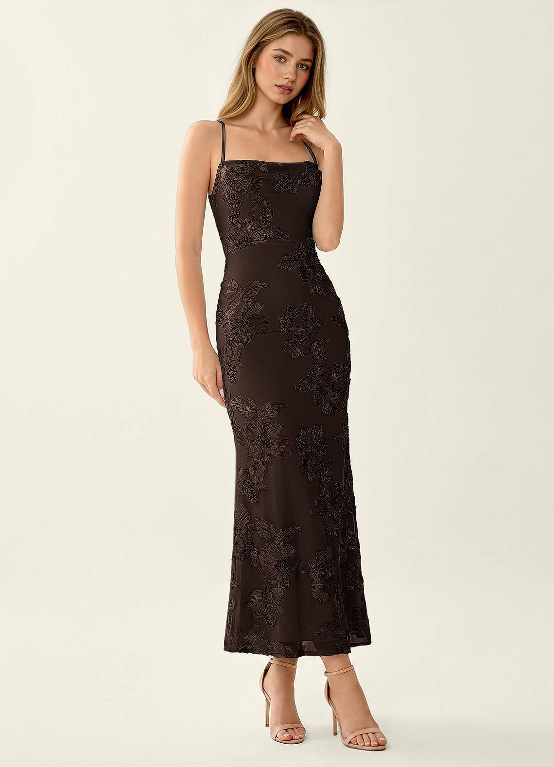 Octavenlly Mermaid Midi Floral Mesh Wedding Guest Dress in Coco