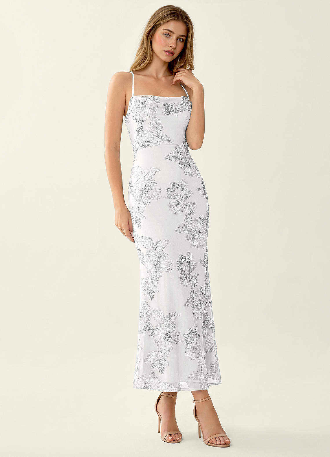 Octavenlly Mermaid Midi Floral Mesh Wedding Guest Dress in white