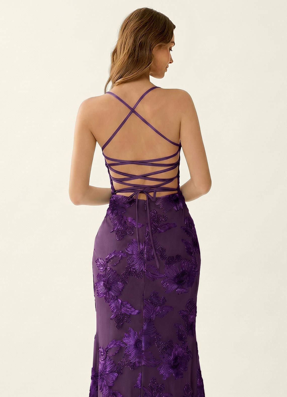 Octavenlly Mermaid Midi Floral Mesh Wedding Guest Dress in Plum