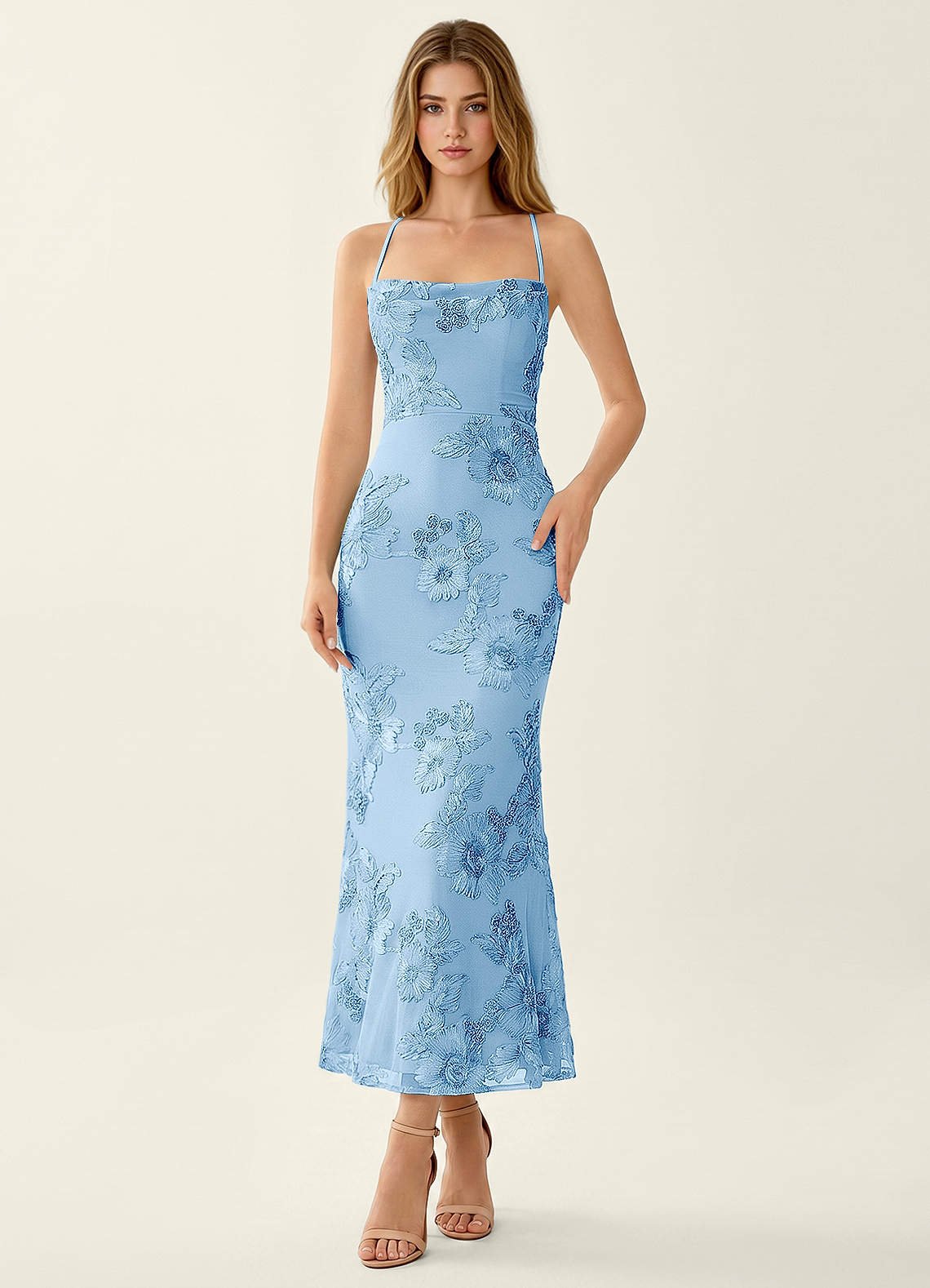 Octavenlly Mermaid Midi Floral Mesh Wedding Guest Dress in Yellow
