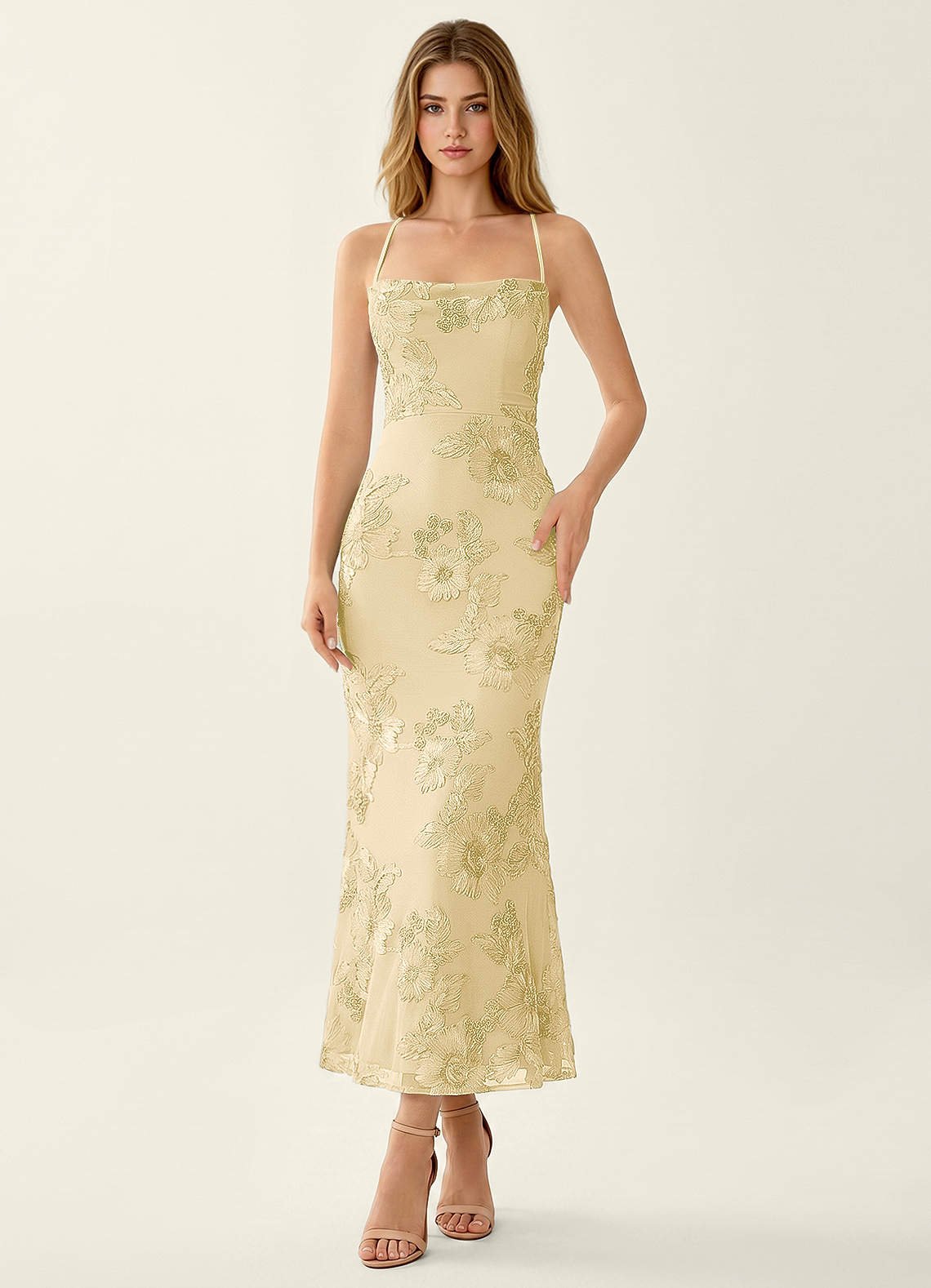 Octavenlly Mermaid Midi Floral Mesh Wedding Guest Dress in Yellow