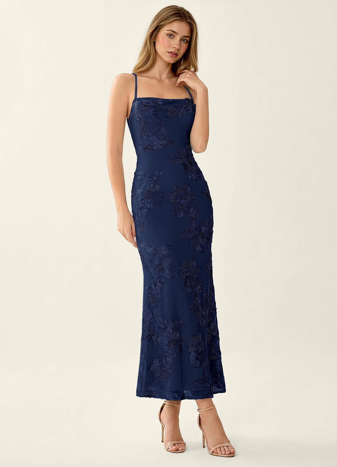Octavenlly Mermaid Midi Floral Mesh Wedding Guest Dress in Navy Blue