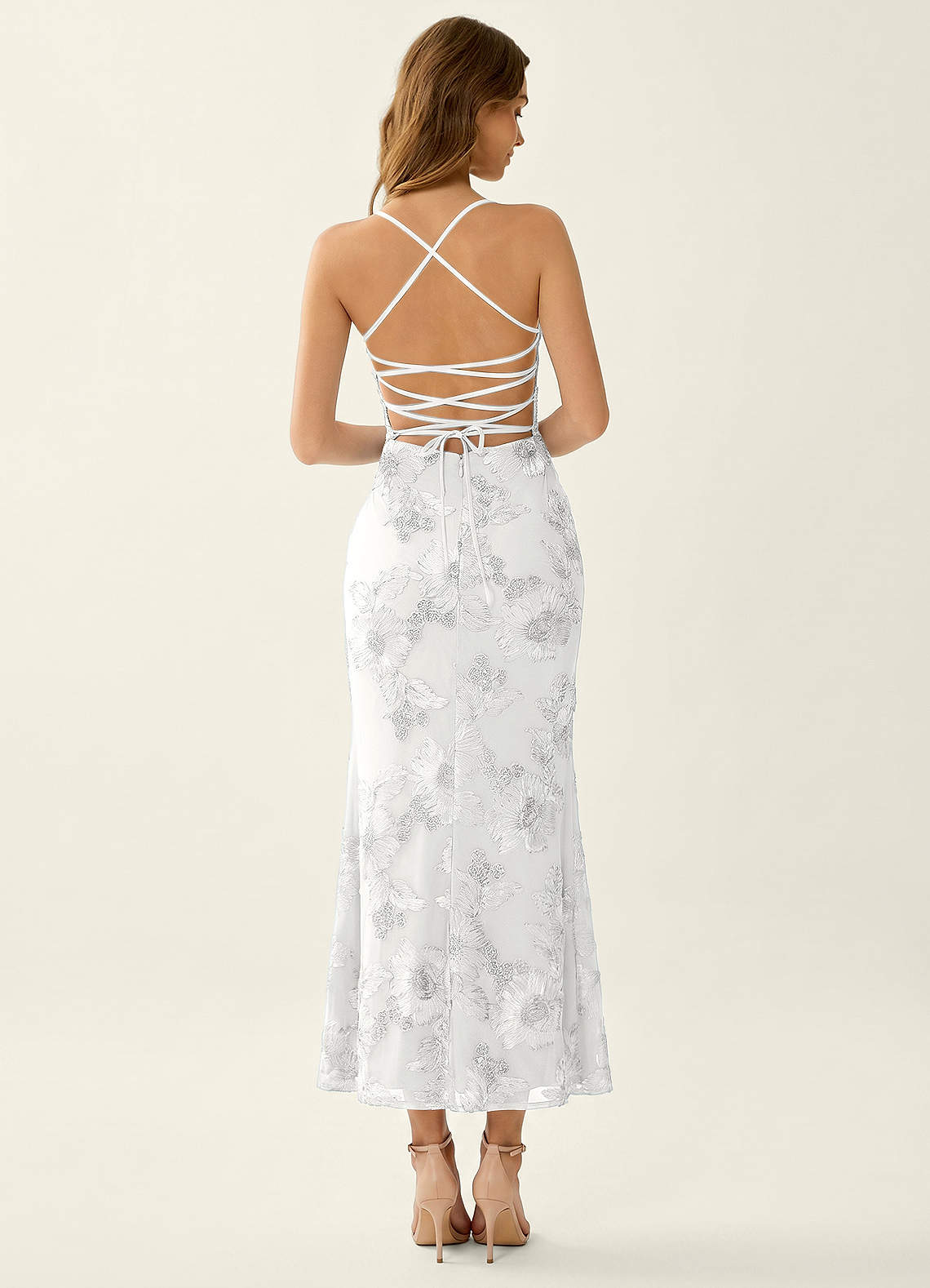 Octavenlly Mermaid Midi Floral Mesh Wedding Guest Dress in white