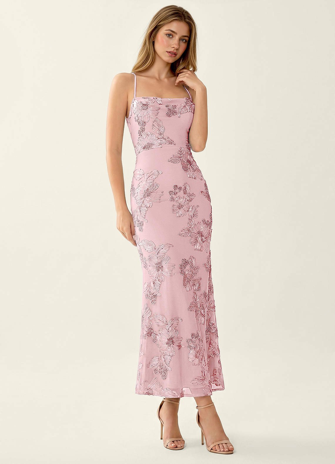 Octavenlly Mermaid Midi Floral Mesh Wedding Guest Dress in Pink