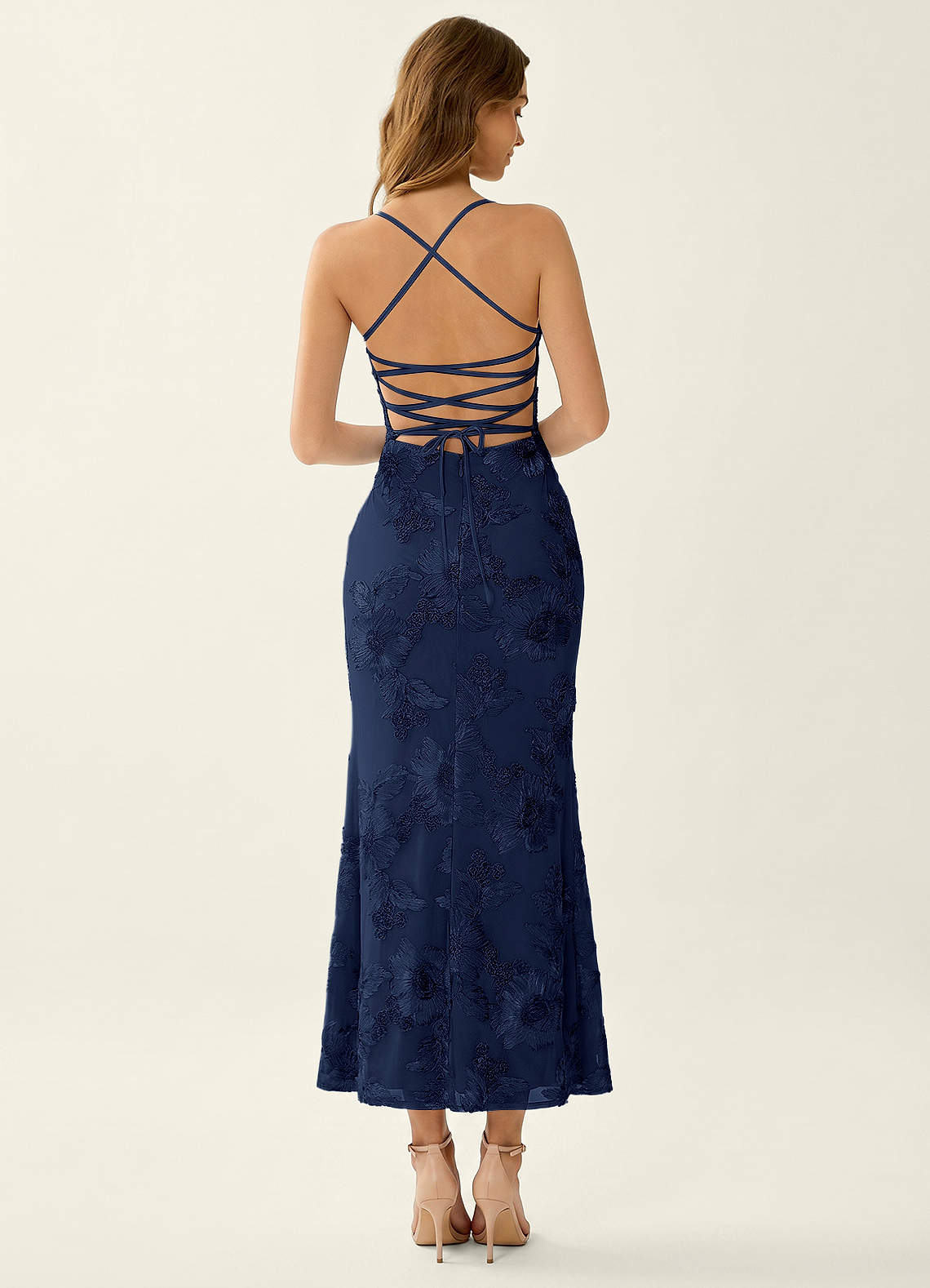 Octavenlly Mermaid Midi Floral Mesh Wedding Guest Dress in Navy Blue