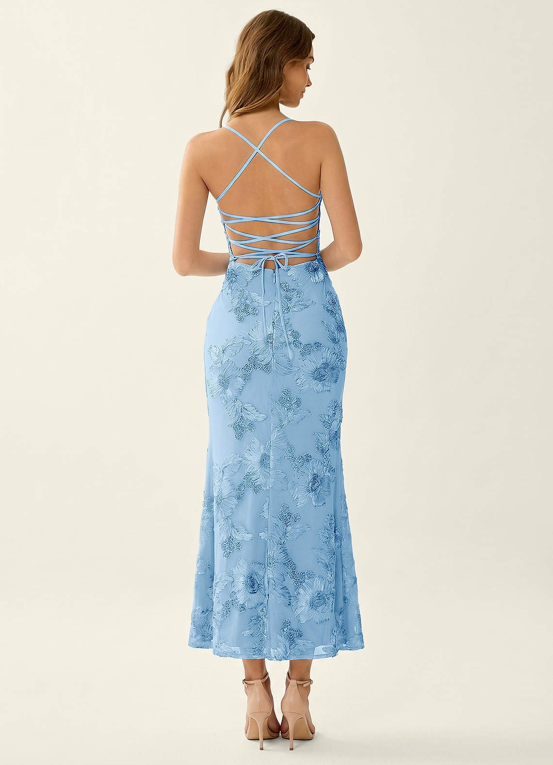Octavenlly Mermaid Midi Floral Mesh Wedding Guest Dress in Sky Blue