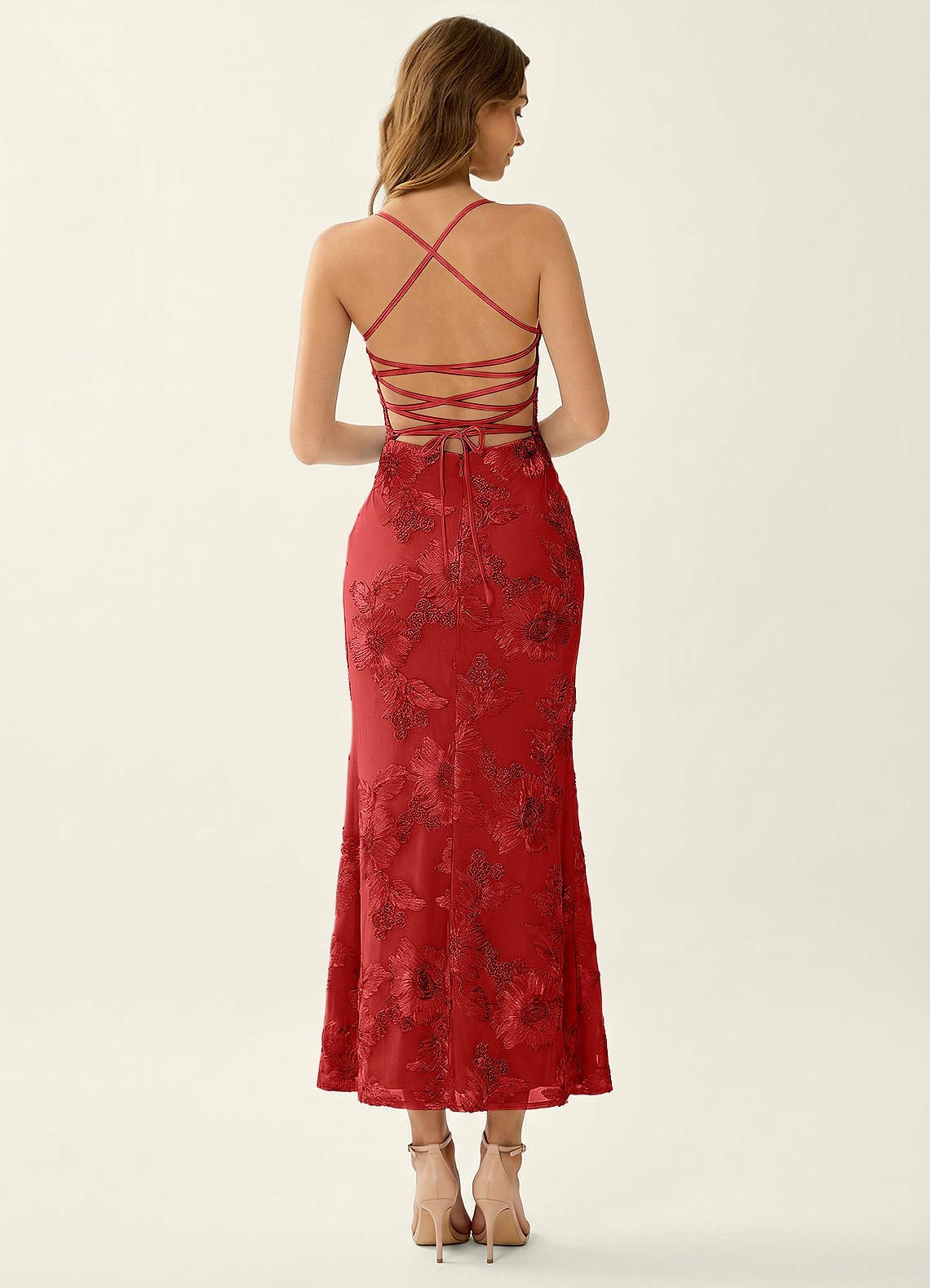 Octavenlly Mermaid Midi Floral Mesh Wedding Guest Dress in Red