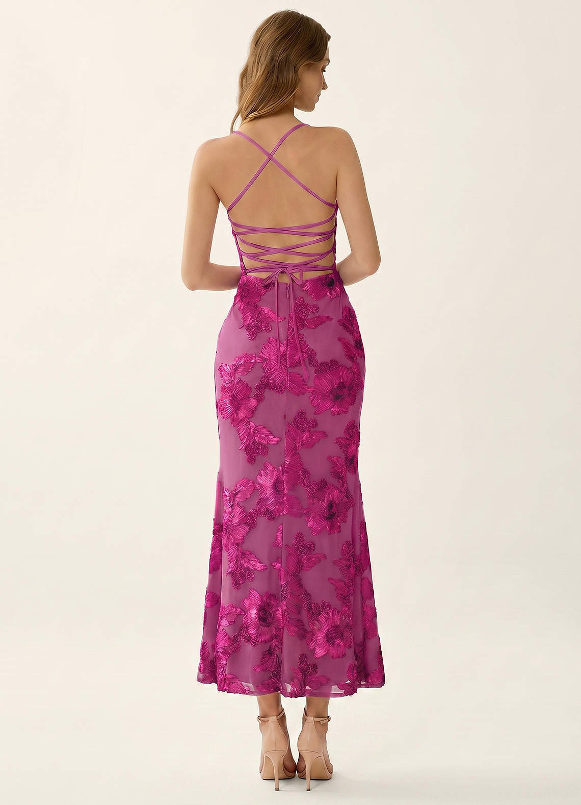 Octavenlly Mermaid Midi Floral Mesh Wedding Guest Dress in Fuchsia