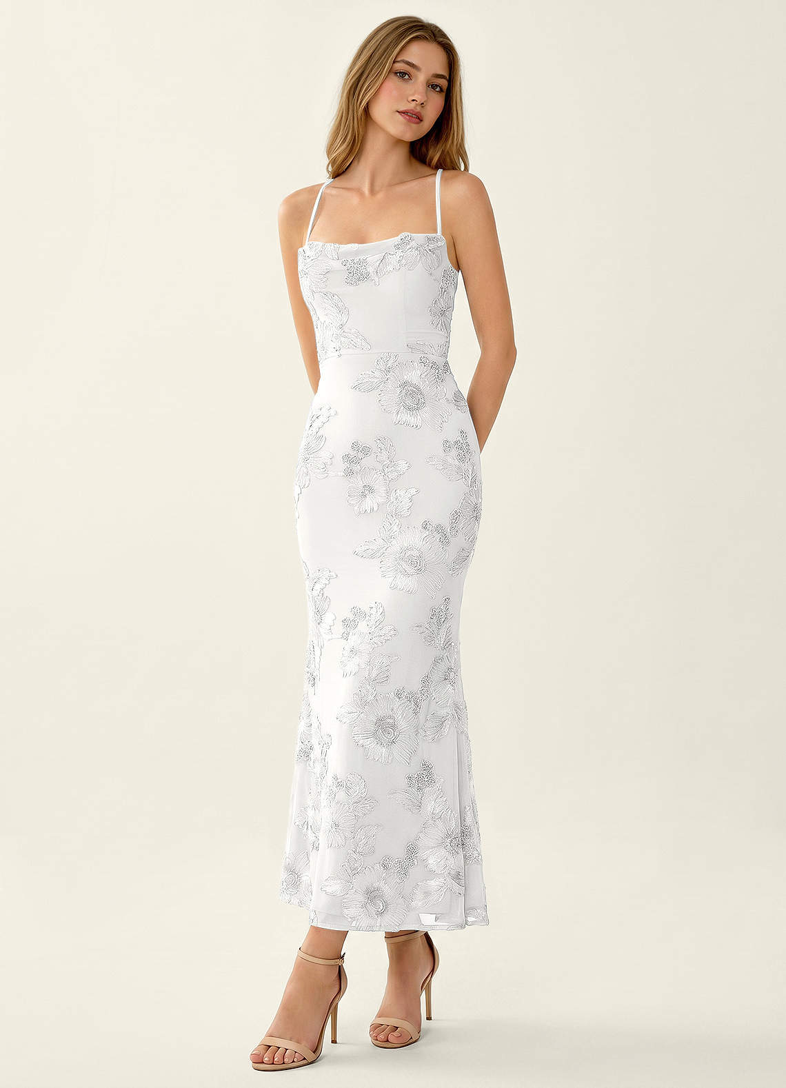Octavenlly Mermaid Midi Floral Mesh Wedding Guest Dress in white