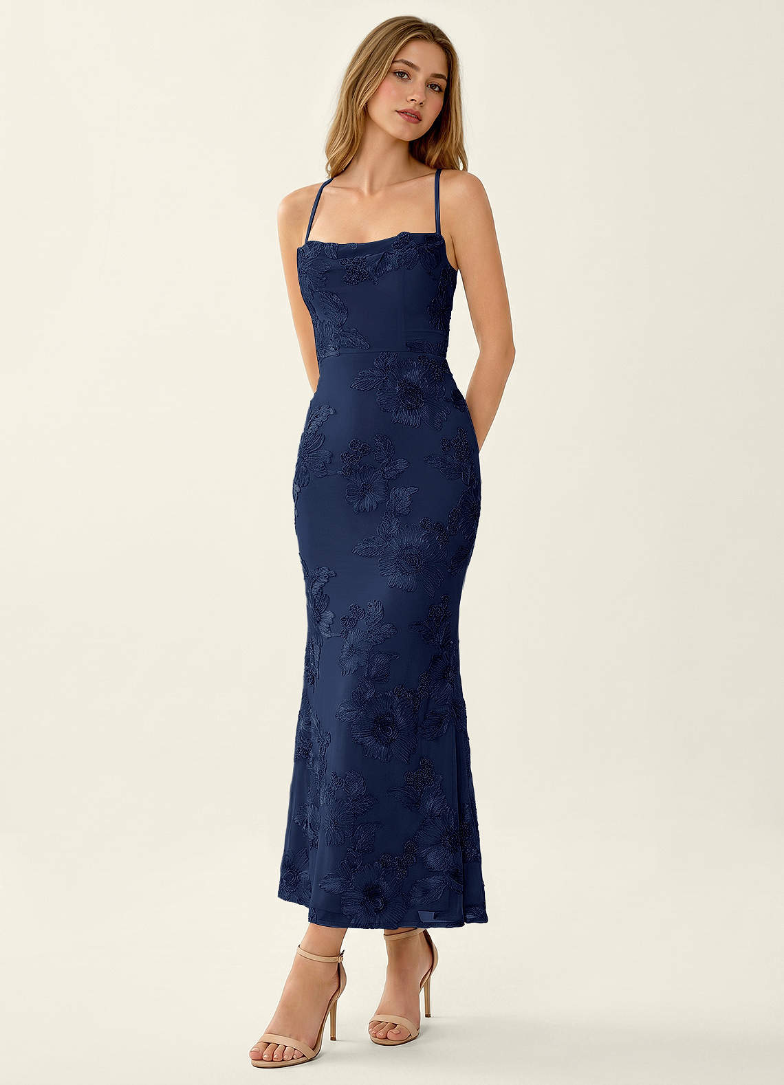 Octavenlly Mermaid Midi Floral Mesh Wedding Guest Dress in Navy Blue