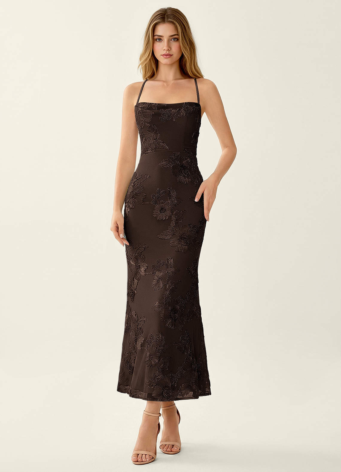 Octavenlly Mermaid Midi Floral Mesh Wedding Guest Dress in Yellow