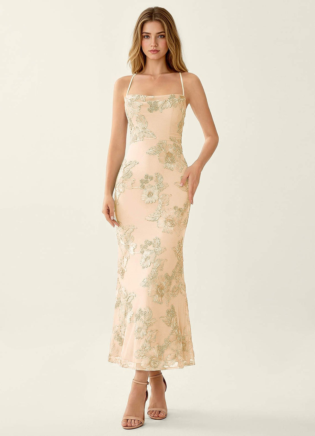 Octavenlly Mermaid Midi Floral Mesh Wedding Guest Dress in Yellow