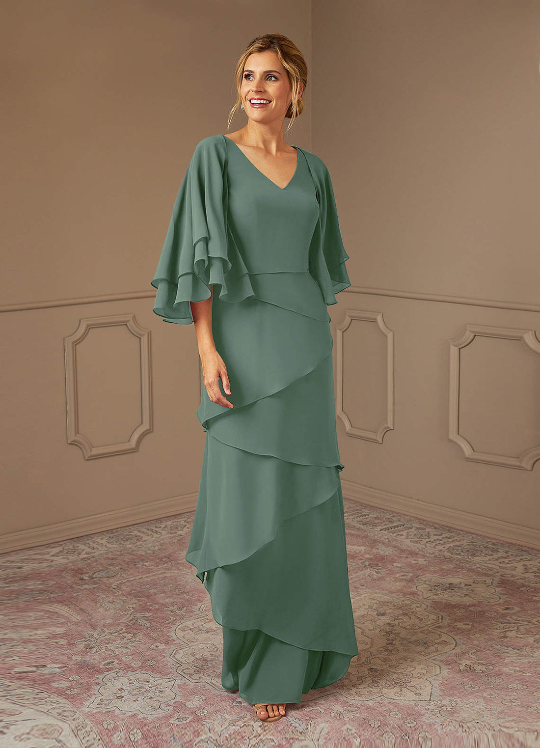OHara A-Line V-Neck Chiffon Mother of the Bride Dress in eucalyptus