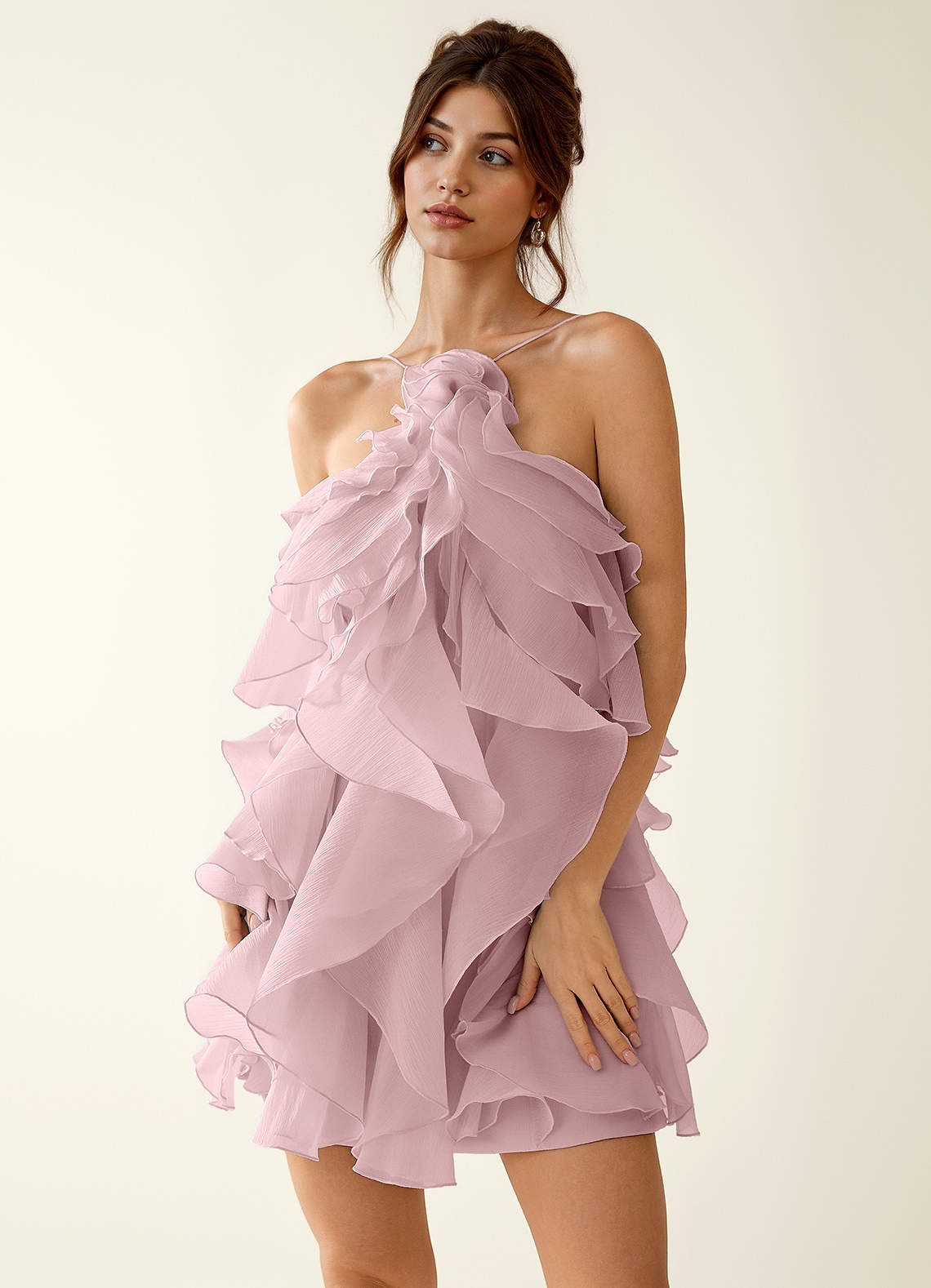Oliamagn A-Line Mini Halter Ruffle Tulle Prom Dress in Sage