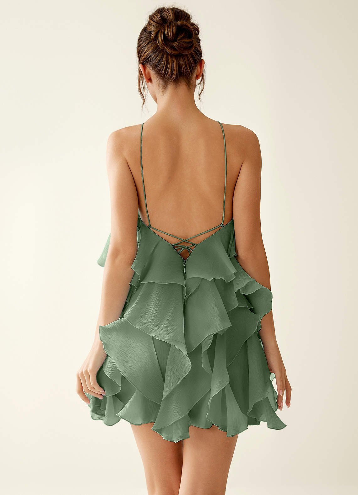 Oliamagn A-Line Mini Halter Ruffle Tulle Prom Dress in Sage