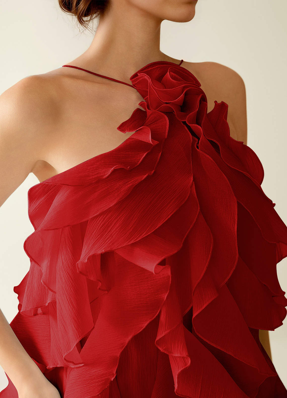 Oliamagn A-Line Mini Halter Ruffle Tulle Prom Dress in Red