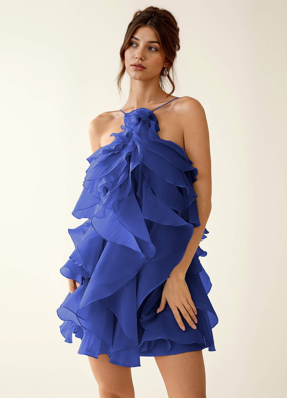 Oliamagn A-Line Mini Halter Ruffle Tulle Prom Dress in Sage