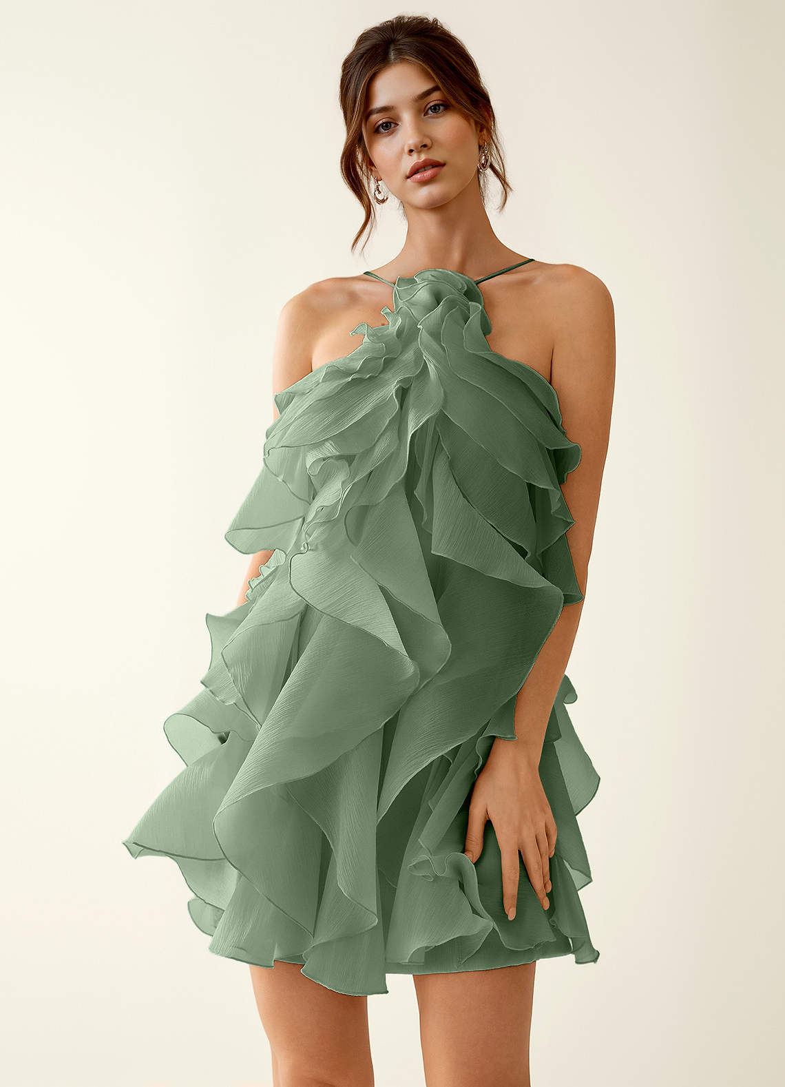Oliamagn A-Line Mini Halter Ruffle Tulle Prom Dress in Sage