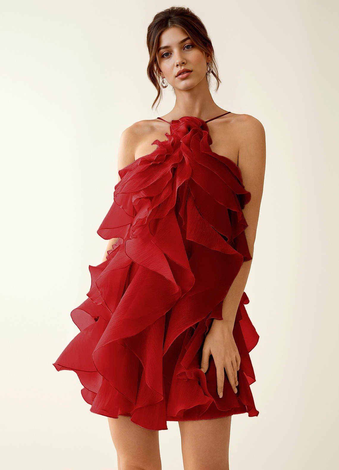 Oliamagn A-Line Mini Halter Ruffle Tulle Prom Dress in Red