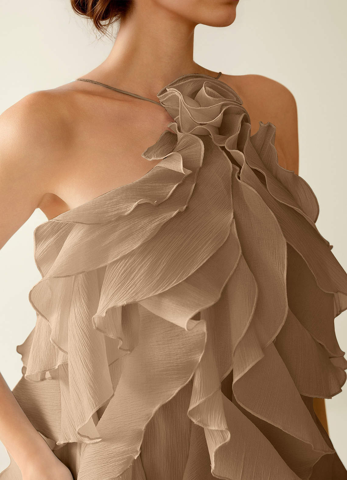 Oliamagn A-Line Mini Halter Ruffle Tulle Prom Dress in Brown