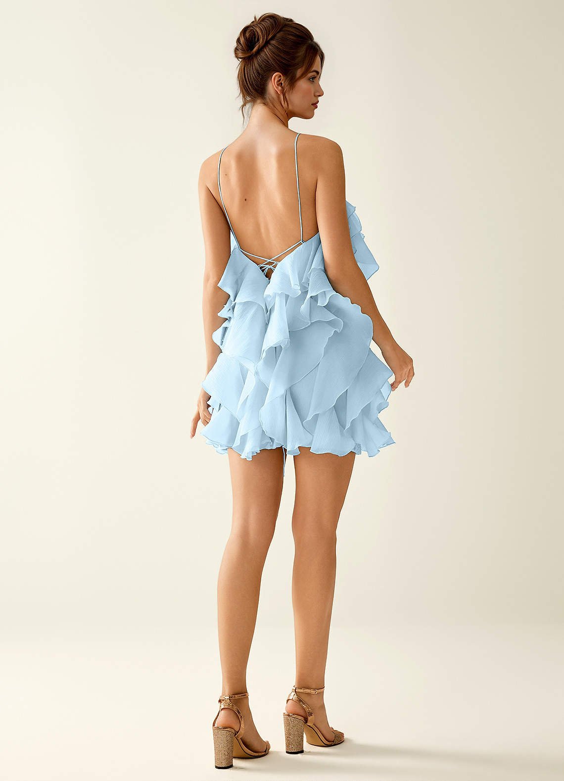 Oliamagn A-Line Mini Halter Ruffle Tulle Prom Dress in Shy Blue